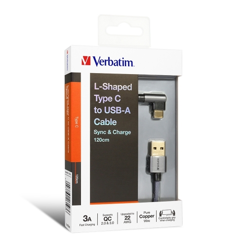【7日包換&快速充電&原裝香港行貨】Verbatim L-Shaped Type C to USB-A 充電傳輸線 叉電線 充電線 數據線（灰色）66193