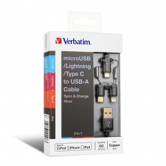【快速充電&原裝香港行貨】Verbatim MicroUSB, Apple(Lightning)及Type C to USB-A 3合1充電傳輸線 叉電線 充電線 數據線（30cm/120cm）65586-65385