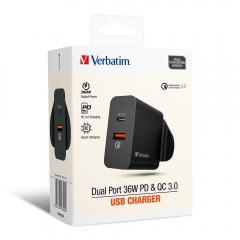【7日包換&1年原廠保養&原裝香港行貨】Verbatim Dual Port 36W PD & QC 3.0 USB充電器（黑色）USB插頭+Type-C PD 3.0 66390